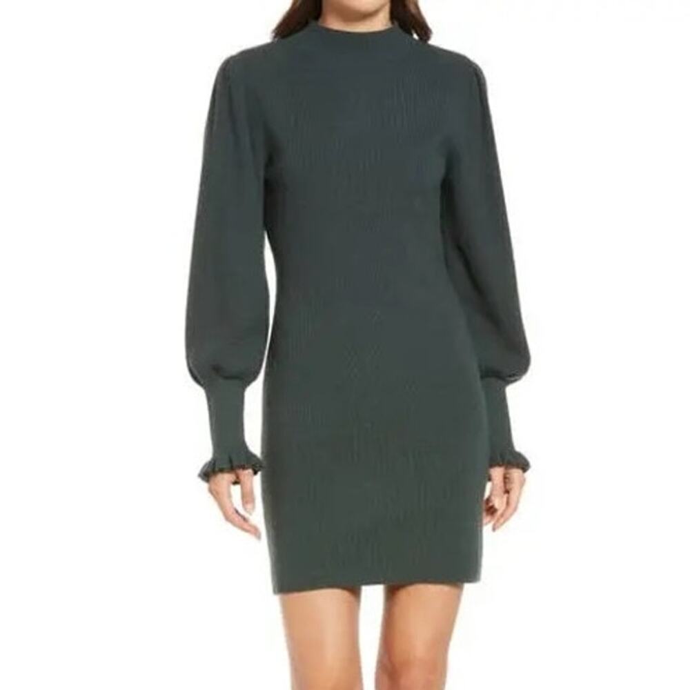 Chelsea28 Sweater Dress Ribbed Balloon Sleeve Mock Neck Mini Green Gables XS